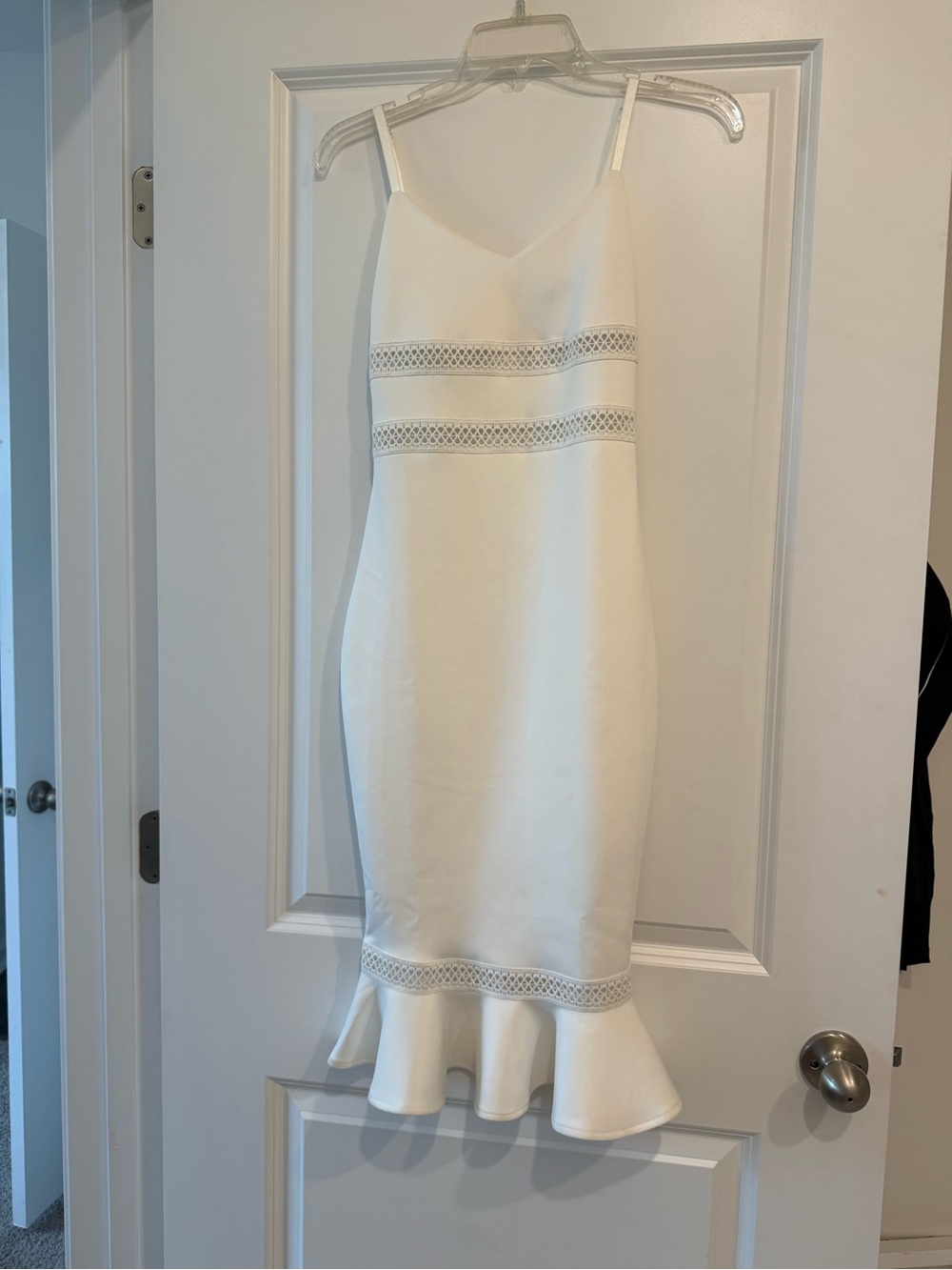 bebe White Spaghetti Strap Midi Dress with Crochet Bands and Flounce Hem